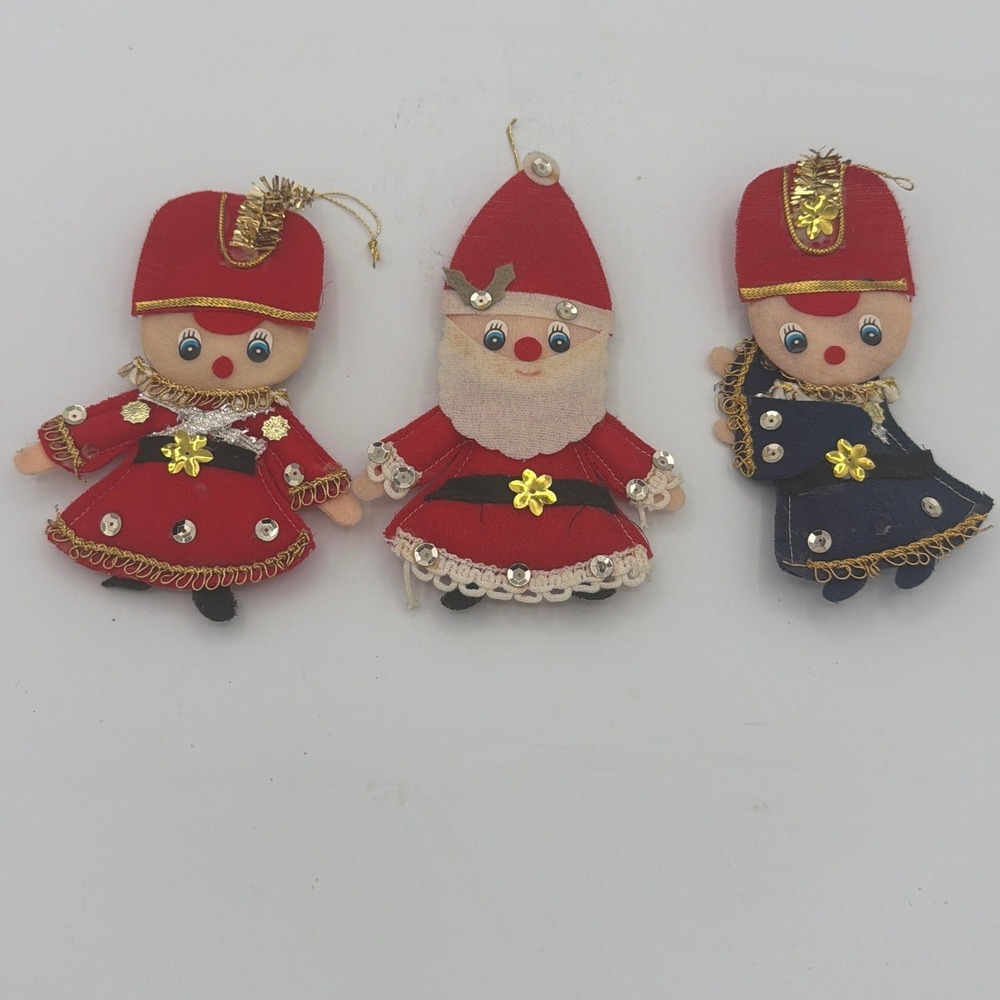 Vtg Handmade Felt Sequin Christmas Ornaments Santa Toy Soldiers MCM Kitsch 3 pc